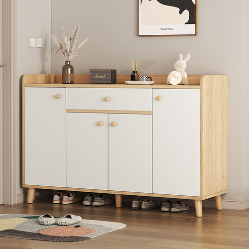 Zapatero Moderno Con 4 Puertas 1 Cajón, 120x32x85cm Color Roble+blanco