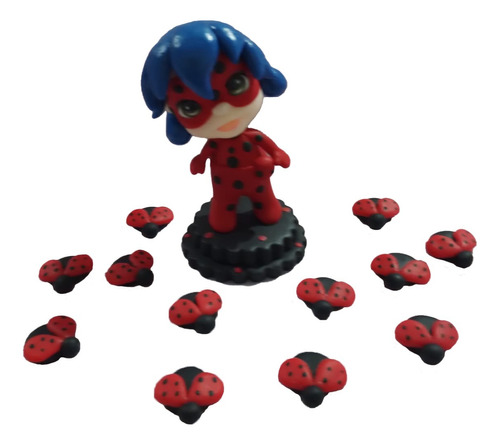 Adorno Torta Ladybug Niña En Porcelana Fría Y Apliques X 12