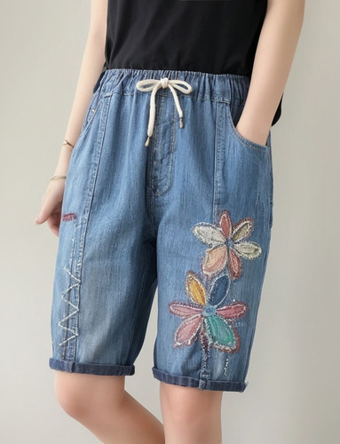 Pantalones Cortos De Mezclilla Bordados Con Cintura Elástica
