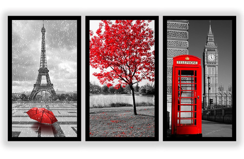 Kit  3 Quadros Decorativo Grandes Cidades Do Mundo Vermelho