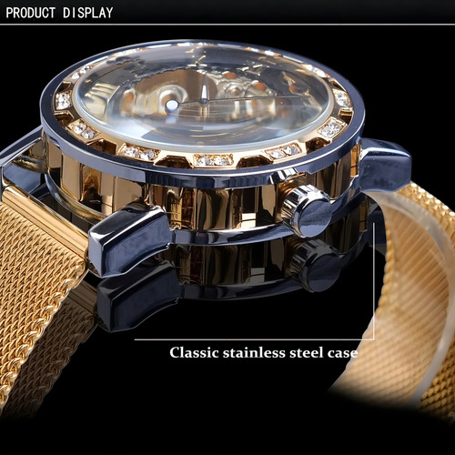 Relojes de pulsera mecánicos Forsining 1201 Skeleton, color de fondo dorado