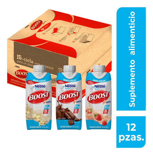 Suplemento Alim Boost Mix Sabores Menos Azúcar X12 Und 330ml Fresa, Vainilla Y Chocolate
