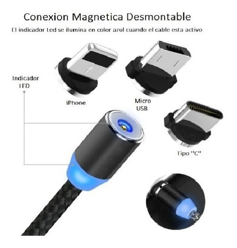 Cable Magnetico 3 En 1 Micro Usb Tipo C Lightning Para Ipho Color Negro Negro