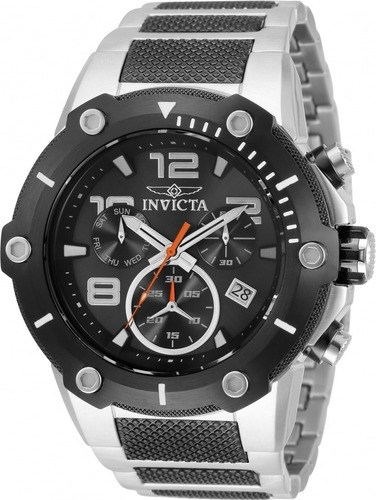 Reloj pulsera Invicta Speedway 33283 de cuerpo color acero, analógico, para hombre, fondo negro, con correa de acero inoxidable color acero y negro, agujas color acero y plata y naranja, dial plata y negro, subesferas color negro y acero, minutero/segundero gris, bisel color negro y plata y desplegable