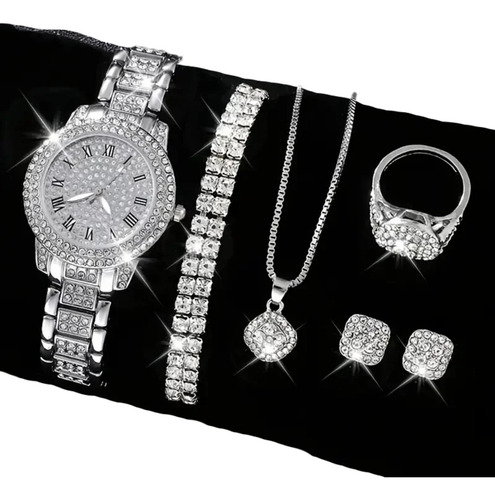Relógio Feminino Strass Luxuoso Vinkin + Kit Acessórios Stra Correia Prateado