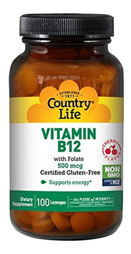 Country Life Vitamina B-12, 500 Mcg, Con Ácido Fólico (pasti