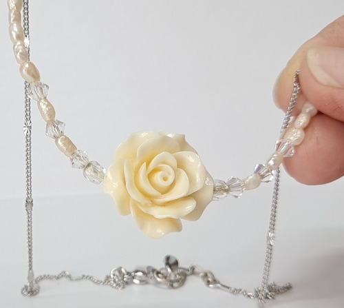 Collar Rosa Y Perlas Auténticas Cristal De Roca Gargantilla