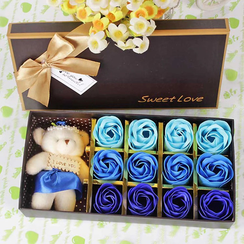 Caja De Para Novia O Mamá Con Oso Y Rosas Aromáticas Color Azul