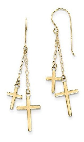 14k Yellow Gold Chain Dangle Cross Shepard Hook Earrings