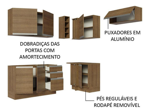 Armário De Cozinha Completa De Canto 349cm Madesa Glamy 07 R Cor Rustic