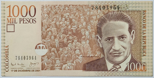Billete 1000 Pesos 17/dic/2001 Colombia Unc