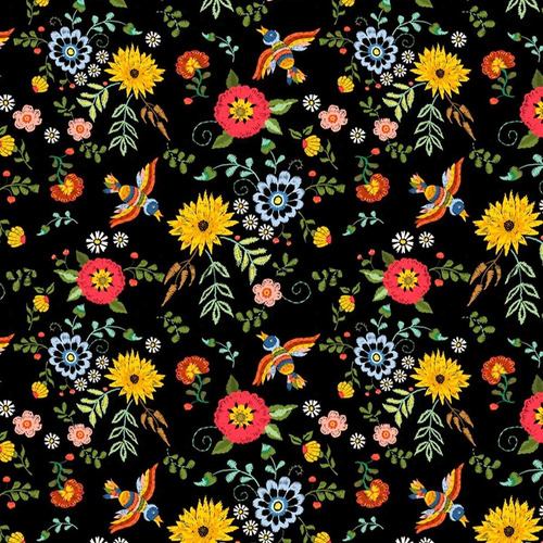 Telas Satin Brillante Estampado Estilo Bordado Mexicano 1m Color Flores Estilo Bordado