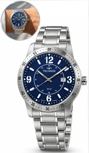 Relógio Technos Masculino Steel De Pulso Quartz Original Prateado Azul-marinho