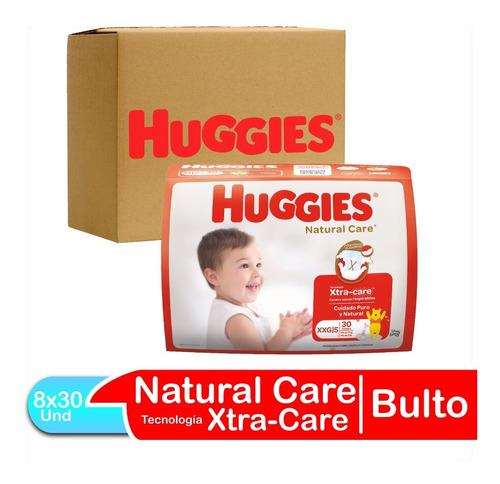 Imagen 1 de 3 de Pañales Bebe Huggies Natural Care Talla Xxg Bulto 8x30 Und