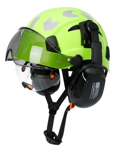 Casco Industrial Rescate Seguridad + Gafas, Orejeras Y Visor Verde