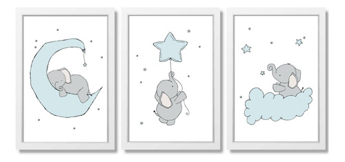 3 Quadros Decorativos Elefante Bebê Estrelas Lua