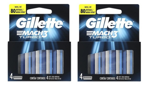 2 Paquetes Gillette Mach3 Turbo Con 4 Cartuchos C/u.