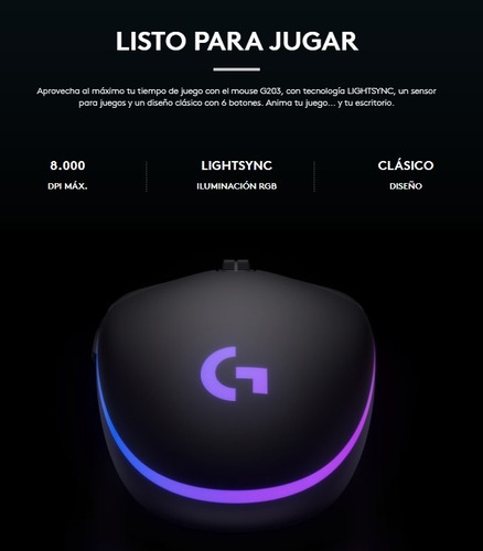 Mouse Logitech G203 Gamer Optico 200 A 8000 Dpi Led Rgb