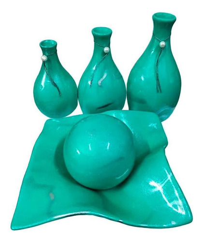 Vasos Trio Garrafas E Centro De Mesa Cerâmica Turquesa
