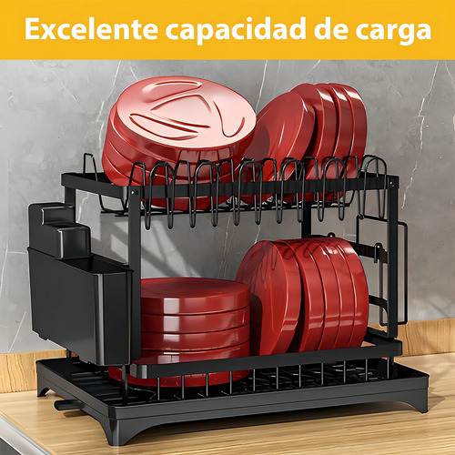 Yajotin Escurridor De Trastes 2 Niveles Acero Inoxidable 42x29x30cm - Organizador Multifuncional Plato/tupperware/cubiertos Con Bandeja Antigoteo, Ideal Para Cocinas Pequeñas (negro)
