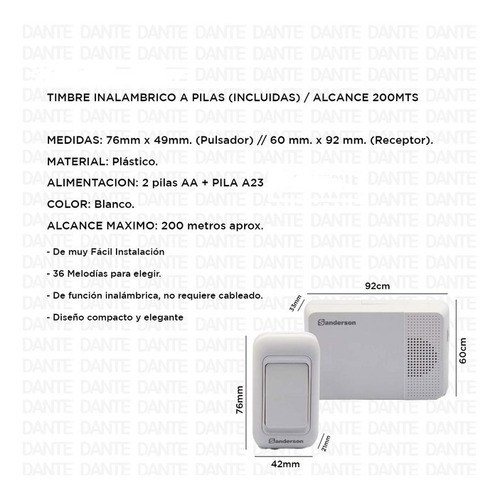 Imagen 3 de 8 de Timbre Inalambrico Sanderson Exterior Resistente Agua 200m