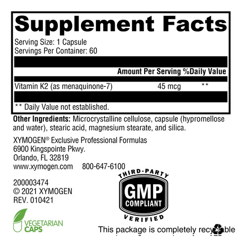 Xymogen K2-45 Vitamina K2 Mk-7 De Soja No Gmo Apoyo Óseo