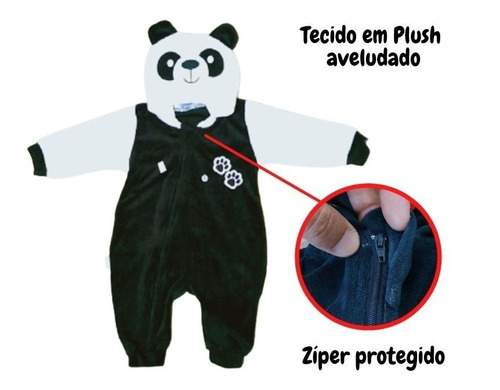 Imagem 3 de 8 de Macacão Bebê Panda Plush Zíper Menina Menino