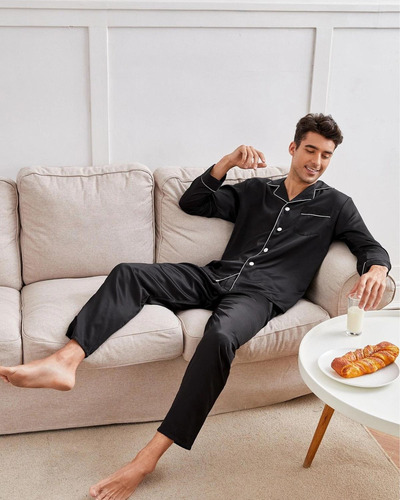 Pijama Masculino Americano Cetim De Seda Com Calça Preto