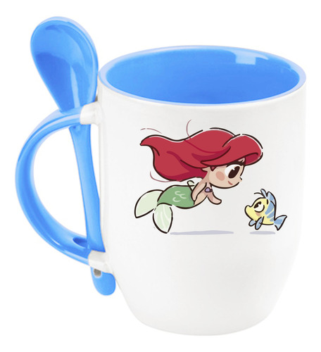 Taza Sirenita Princesa Con Cuchara Azul Cielo Sirenita