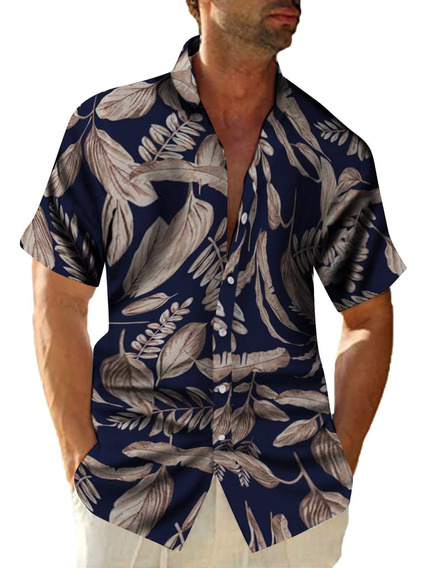 Hombre Verano con Botones Camisas Manga Corta Fiesta Playa Tops Suelto Estampado