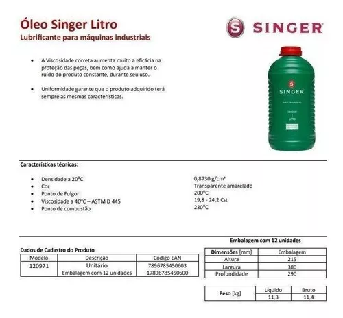 Aceite lubricante Singer, 1 litro, 12 unidades, caja cerrada