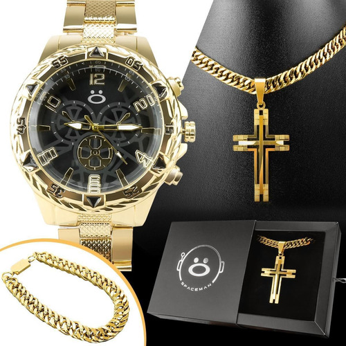 Kit Relógio Masculino Aço Dourado Pulseira Colar