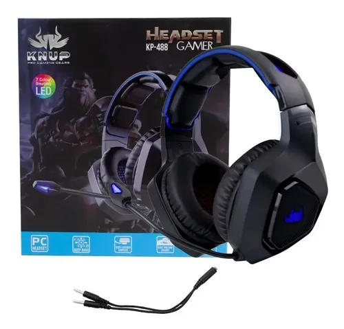 Fone de ouvido over-ear gamer Knup KP-488 preto e azul com luz LED