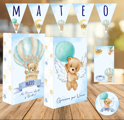 Combo De Cumpleaños Personalizado P/20 Chicos Osito Globo