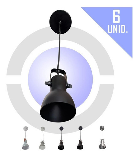 Luminária Estilo Pendente P/ Lampada Led Bulbo Kit Com 6 Uni Cor Preto Voltagem 110v/220v