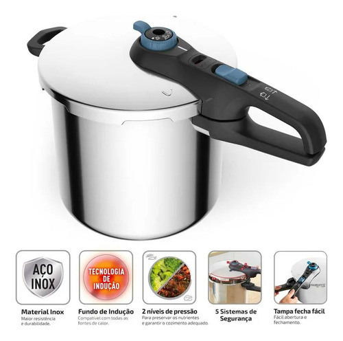 Panela De Pressão Rochedo Ppfe 8l Inox Circular 5 Sistemas Inox