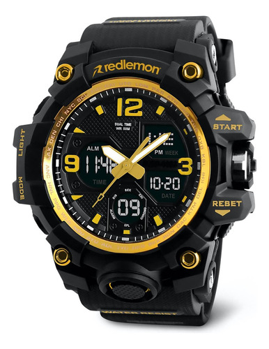 Redlemon Reloj Digital y Análogo, Deportivo y Militar, 4 Pantallas, Retroiluminación, Resistente al Agua, con Cronómetro, Temporizador, Alarma y Fecha, Modelo 1155B, Color Dorado