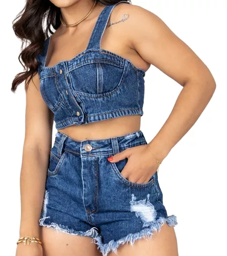 Conjunto Jeans Cropped Meia Taça E Short Desfiado