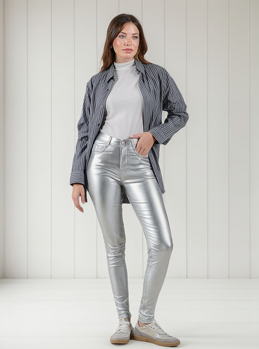 Pantalón De Mujer Chupin Cenitho Gris Metalizado Elastizado