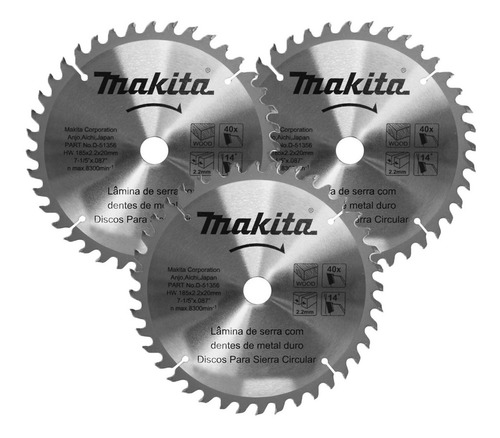 3 Disco Serra Circular Madeira 7 1/4 X 40 D Makita D-51356