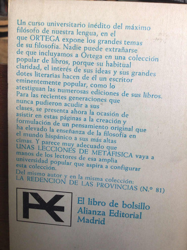 Libro Unas Lecciones De Matafisica. Ortega Y Gasset. (Usado)