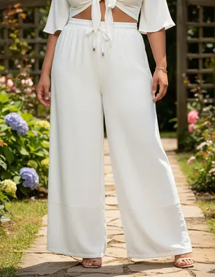 Calça Plus Size Pantalona Branca Forro Wide Leg Crepe Duna
