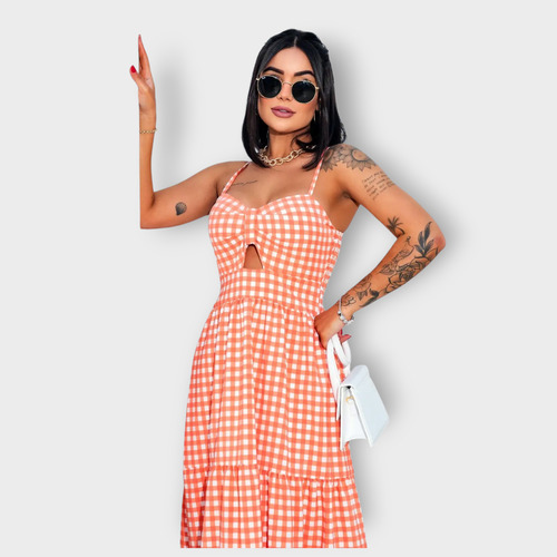Vestido Feminino Midi Longuete Xadrez Com Lastex Alças Finas