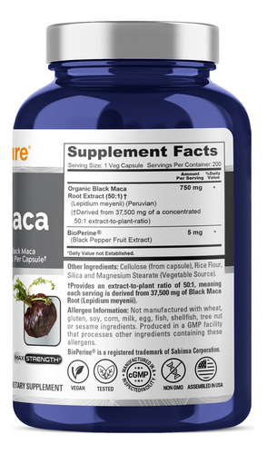 Nusapure Extracto De Maca Negra 750 Mg Vegano