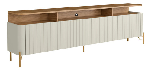 Rack Para Sala 220cm Com Portas Brise Pés Em Metal 100% Mdf Cor Louro E Luna Com Dourado