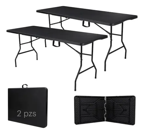 2 Mesas Plegables Plástico Tipo Portafolio 1.80m Jardín Negro
