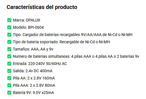 Cargador Batería Pila Recargable 9v/aa/aaa Ni-mh Ni-c Opalux