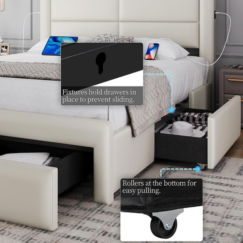 Base Cama Matrimonial Moderno C/ Cabecera Hogar Usb Crema