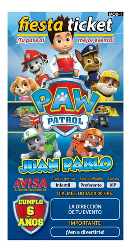 20 Invitaciones Impresas Personalizada Paw Patrol