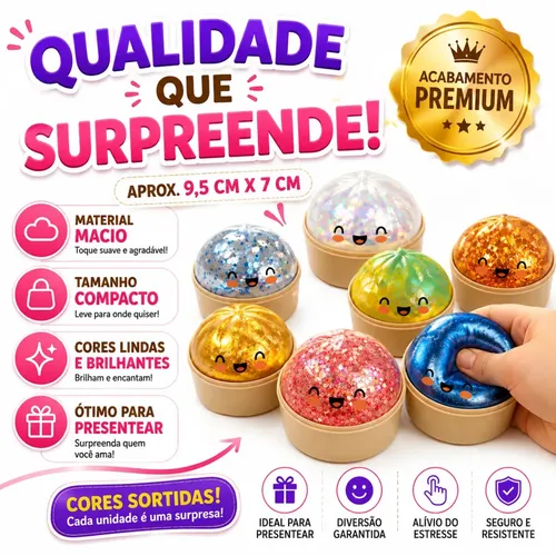 Squishy Antiestresse Com Glitter Infantil Brinquedo Sensorial Macio e Fofo Kawai